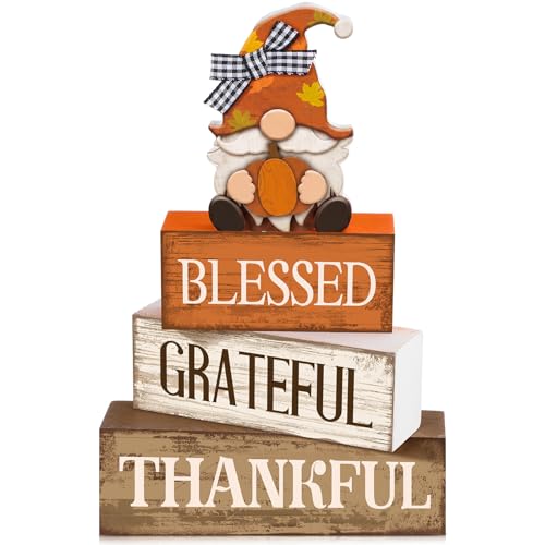 Lineshading 4 Pcs Fall Gnome Block Signs Thanksgiving Tiered Tray Decor - style: Blessed Gnome