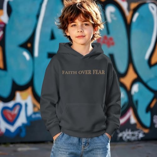 Fkatuzi Boys Christian Faith Over Fear Hoodie Kids Jesus Sweatshirt Faith Verse Bible God Religious Graphic Hoodies Pullover - color: Deep Gray, size: 5-6 Years