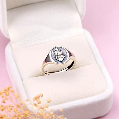 FLYOW S925 Sterling Silver Flaming Sacred Heart Rings Catholic Faith Charm Women Signet Ring Adjustable Love of God Thorn Jewelry Easter Gifts