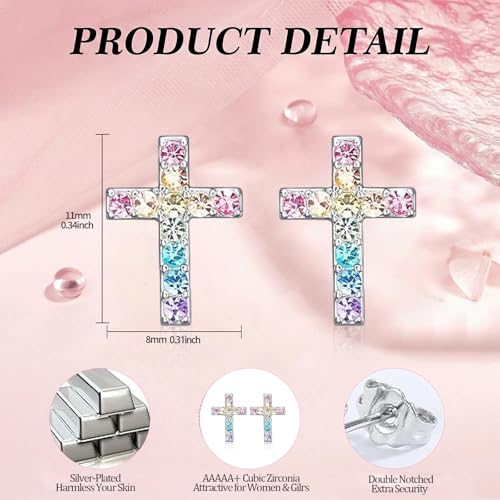 Cross Stud Earrings for Women,Cubic Zirconia Rainbow Cross Earrings Gifts Jewelry for Sensitive Ears,Communion Birthday Baptism Gifts for Girls - color: First Holy Communion