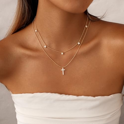 Rotnso Cross Necklace for Women 14K Gold Plated Dainty Small Pendant Choker - style: 2 Layered Bead+Diamond Cross-GD