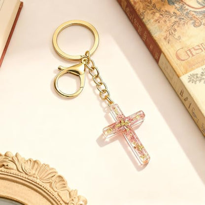 Angyape Cute Christian Cross Keychain for Women Purse Bag Charms Car Key Rings Accessories Flower Design Jesus Faith Gifts - color: A: Pink Keychain