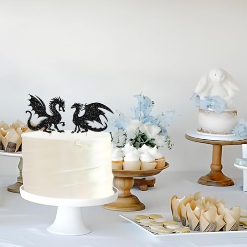 Dragon Wedding Cake Topper, Mr & Mrs Cake Decor, Black Glitter Dragons Couple Silhouette Cake Topper for Storybook Wedding Party Decoration - style: Dragon