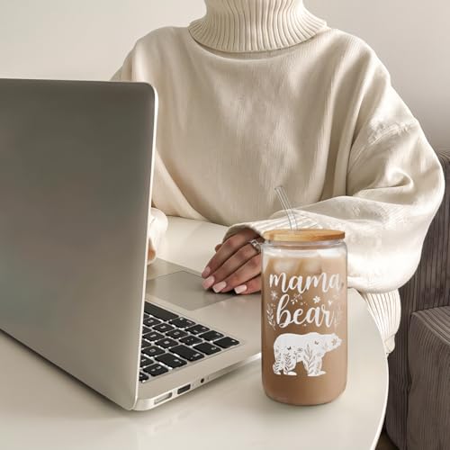 Mom Gifts - Mama Bear 16 Oz Can Glass Tumbler with Bamboo Lid and Straw - Iced Coffee Cups for Women, Aesthetic Glass Cup Gift for Birthday Christmas Mother's Day - color: Mom 4