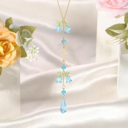 Cross Car Rearview Mirror Charm Blue Lily of Valley Crystal - color: Blue - Flower