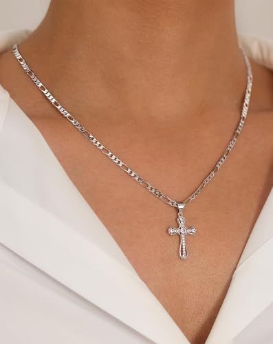 14K Gold Plated Cross Necklace for Women, Cubic Zirconia Copper Cross Pendant, Valentine Mother's Day Gifts for Her with Jewelry Box Figaro Link Chain, Alloy Infinity CZ Diamond Bridal Wedding - color: Silver