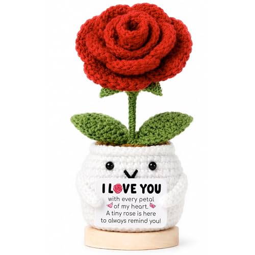 Positive Crochet Rose Flower Gift for Her, Romantic Anniversary Valentines Day I Love You Birthday Gift for Girlfriend Wife Husband, Encouragment Positive Gifts for Couples Husband Mom Grandma - color: Rose