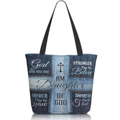 Christian Gifts Reusable Shopping Tote Bag Zippered Inspirational Tote Bags for Women Bible Verse Shoulder Bag - color: I Am Daughter of God