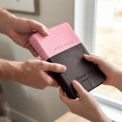 Printualist Personalized NLT Bible, Custom Engraved Name and Scripture Reference, Red Letter New Living Translation Text, Two-Tone Faux Leather Christian Gift for Church Use, Pink and Dark Brown - color: Pink/Dark Brown Tutone