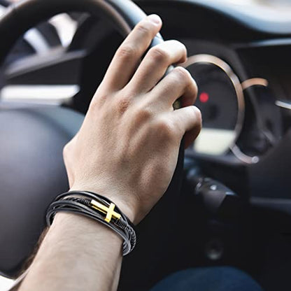 Fahonie Cross Leather Bracelet for Men Women 316L Stainless Steel with 18K Gold Plated Christ Jesus Multi-layer Handmade Christian Bracelet,7.5/8/9 Inches - color: Gold