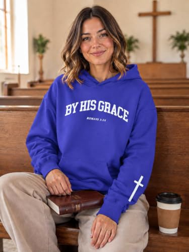 FAYALEQ Christian Sweatshirt By His Grace Letter Print Hoodie Christian Religious Sayings Sweater Bible Pullover Tops - color: Blue, size: Medium