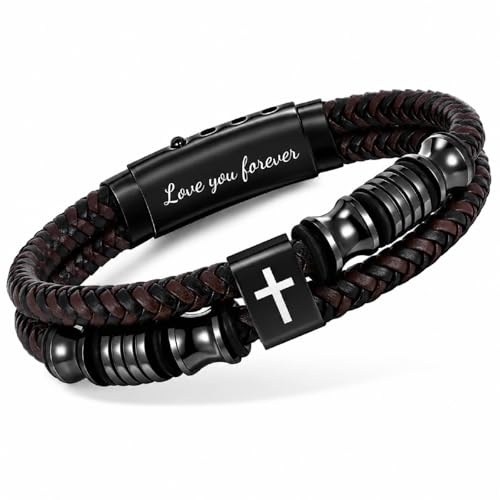 Christian Brown Leather Bracelet for Men - Double-Row Braided Leather Faith Cross Bracelets Bangle Religious Baptism Inspirational Bible Verse Jewelry Gift for Young Men Teenage, Adjustable Wristband - color: Love you forever