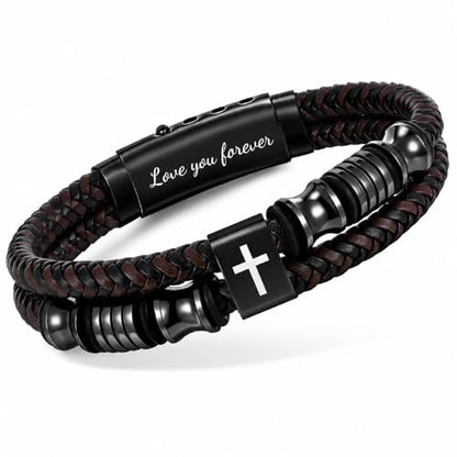 Christian Brown Leather Bracelet for Men - Double-Row Braided Leather Faith Cross Bracelets Bangle Religious Baptism Inspirational Bible Verse Jewelry Gift for Young Men Teenage, Adjustable Wristband - color: Love you forever
