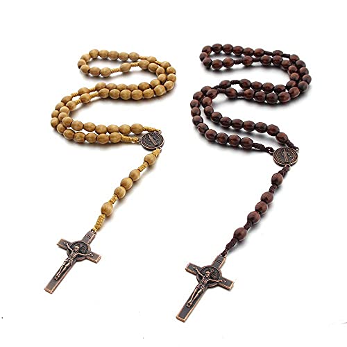 COLORFUL BLING Natural Wooden Catholic Rosaries Wood Crucifix Prayer Beads Pendant Necklace Prayer Jesus Religious Cross Rosary Necklace Handmade Jewelry - color: light