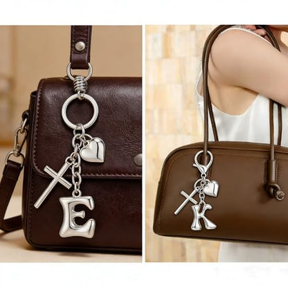 Initial Bag Charms Keychains Women, Cross Cute Heart Letter Key Chain Purse Backpack Handbags Keychain Christian Gift - color: Silver M
