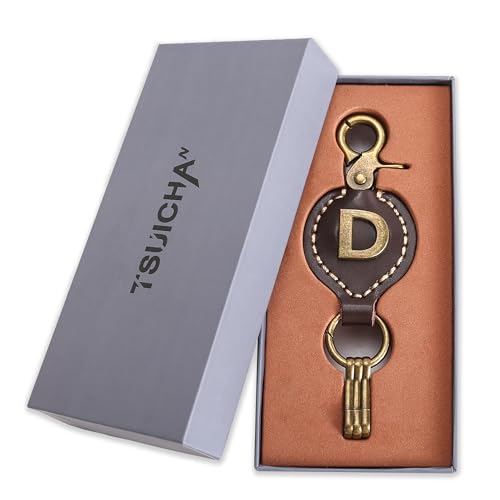 Initial Letter Keychain Brown Leather Alphabet Keychain with Easy Clasp, Key Car Key Bag Key Ring for Women Mens - color: D