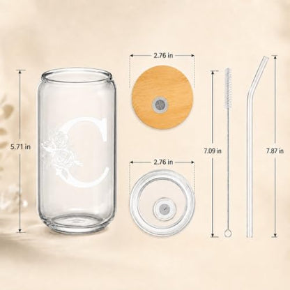 Personalized Cups, Custom Initial Tumbler, Cute Glass Tumbler, 16 oz Iced Coffee Cup, Personalized Gifts for Women, Letter Y Cup with Bamboo Lid and Glass Straw, Birthday Gifts, Best Friend - style: Y