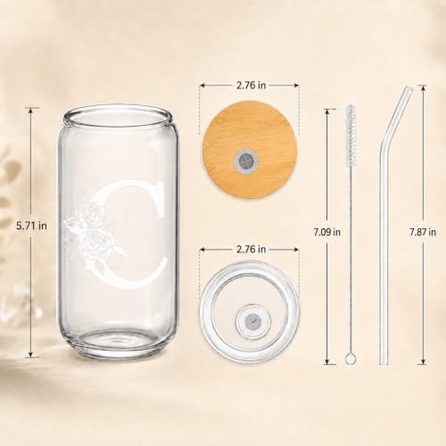 Personalized Cups, Custom Initial Tumbler, Cute Glass Tumbler, 16 oz Iced Coffee Cup, Personalized Gifts for Women, Letter T Cup with Bamboo Lid and Glass Straw, Teacher Gifts, Thank You - style: T