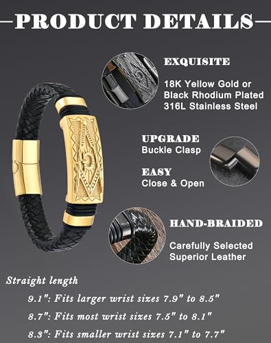 YL Cross Masonic Leather Mens Bracelet, 18K Gold/Black Rhodium Plated Christian Religious 316L Stainless Steel Brown Cuff Handcrafted Jewelry Gifts - color: Masonic A-Black, size: 8.3"(210mm)