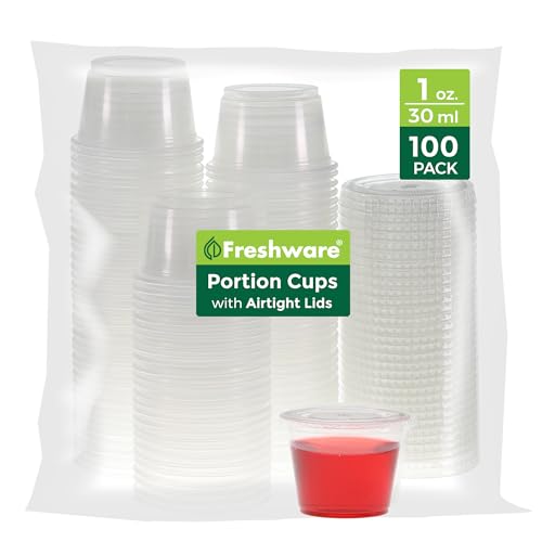 Freshware Plastic Portion Cups with Lids [1 Ounce, 100 Sets] Disposable Plastic Cups for Meal Prep, Salad Dressing, Jellos Shot Cups, Souffle Cups, Condiment and Dipping Sauce Cups - size: 1 oz - 100 sets