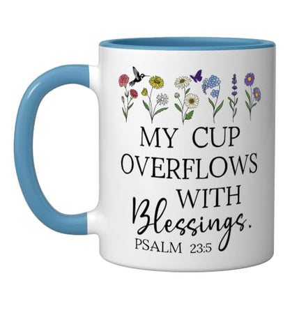 My Cup Overflows With Blessings Jesus Fills My Cup Christian Ceramic Mug, Blue/White - color: Blue/White, size: 11 Ounces