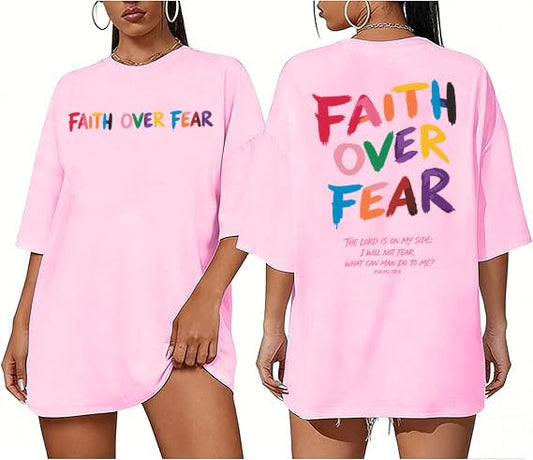 Faith Over Fear Shirt for Women Graphic Shirts Oversized Graphic Christian Tshirts Tees Tops - color: Pink a, size: Small