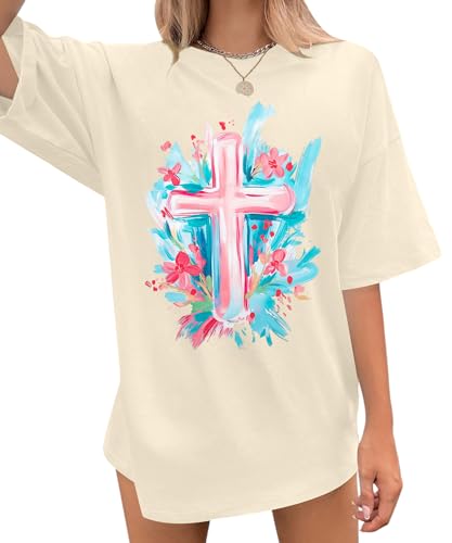 Make Heaven Crowded T-Shirt Women Oversized Christian Shirt Graphic Tee - color: Apricot-a, size: Large