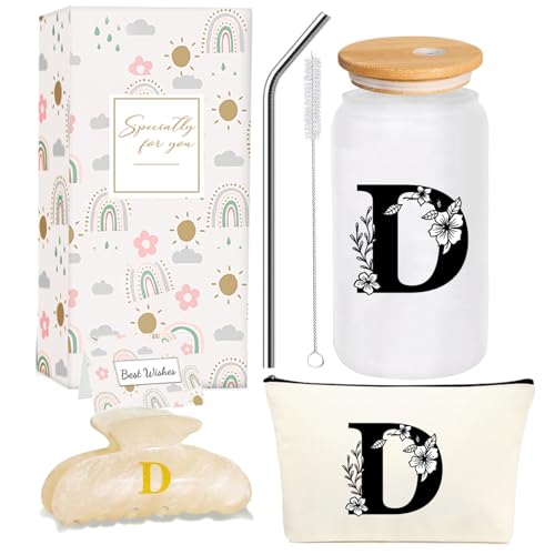 Monogrammed Initial Glass Cup Personalized Gifts for Women 16oz Initial Letter Glass Cups w/Lids Straws Birthday Valentine Mothers Day Gift for Her, D - color: Letter Cup-D