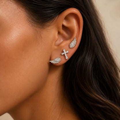 Angel Wing Stud Earrings for Women Crystal Cross Screw Back Wings Earrings Piercing Jewelry - color: 3pcs Silver