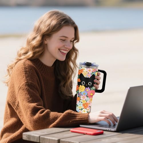 Black Cat & Floral Tumbler 40oz with Handle and Straws, Gifts for Women - color: Cat1