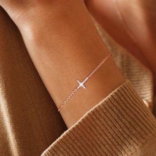 Moodear Cross Bracelet for Women, Dainty Sterling Silver/Gold Plated Gift - color: CZ Rose Gold Cross Bracelet