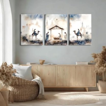 HCJWCXD Religious Wall Art Set of 3 Nativity Scene Canvas Prints 16x24Inch - color: Blue-gray, size: 16x24 Inches
