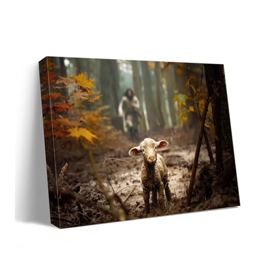 Baptism gifts for boys or girl wall decor, christian gifts for women & men, Jesus and Lamb Canvas poster Jesus Running After Lost Lamb Picture for prayer room Posters religious gift serenity prayer wall art for home decor A-366 (24"X16") - color: Jesus an