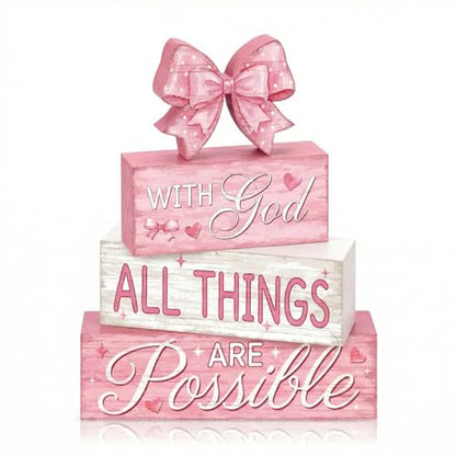 Britimes Tiered Tray Decor Set, 4 Pack, Wooden Table Sign, Pink Bow - style: Pink Bow