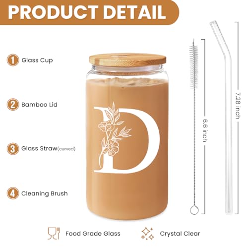 SANDJEST Monogrammed Gifts for Women - Monogram D Initial Glass Cup 16 Oz Can Coffee Cups with Lid and Straw - Monogram Initials Gifts for Womens on Birthday - color: Initial D
