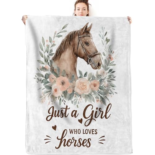 Horse and Flower Flannel Blanket Gifts for Nature Lover,50x40inch,Western Farmhouse Animal Throw Blankets with Watercolor Floral,for Bedroom,Sofa,Living Room,Camping Home Decor Throws - color: Horse, size: 50x40 Inch
