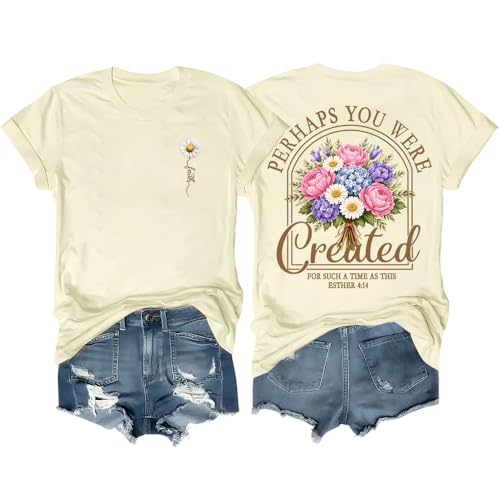 Christian Shirts for Women Floral Faith Bible Verse Graphic Tee Created for Such a Time as This T-Shirt - color: Creamy Yellow, size: Medium