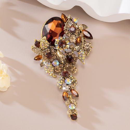 SELOVO Large Long Flower Brooch Pin for Women Wedding Party Brooch Pendant - color: Brown