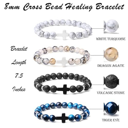 Mens Beaded Bracelets, 8MM Beaded Bracelets for Men, Natural Tiger Eye Bead Bracelet, Stretch Elastic Beads Bracelets for Men - color: White dragon blue volcanic