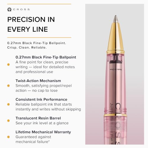 Cross Lume Translucent Translucent Pink Sapphire Resin Ballpoint Pen - Gold-Tone PVD Appointments - Black Fine-Tip Ballpoint - 0.27mm Line Width - Lifetime Mechanical Warranty - color: Pink