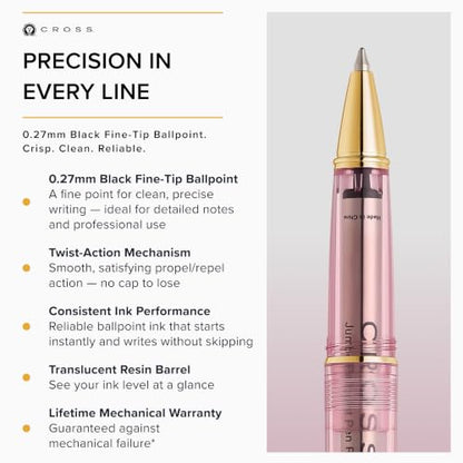 Cross Lume Translucent Translucent Pink Sapphire Resin Ballpoint Pen - Gold-Tone PVD Appointments - Black Fine-Tip Ballpoint - 0.27mm Line Width - Lifetime Mechanical Warranty - color: Pink