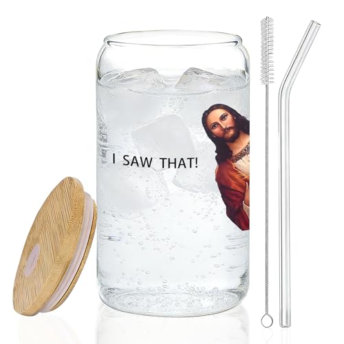 IWXYI I Saw That Glass Cup with Lids and Straws 14oz, Funny Gifts for Women Men Friends, I Saw That Iced Coffee Tea Drinking Glasses with Cleaning Brush - color: Funny