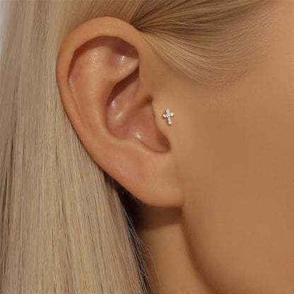 16g Tiny Cross Hypoallergenic 925 Sterling Silver Stud Earrings for Women With Flat Screw Back Small Cubic Zirconia Cartilage Pierced Earrings for Tragus Helix Conch Cartilage Jewelry Gifts - color: Gold