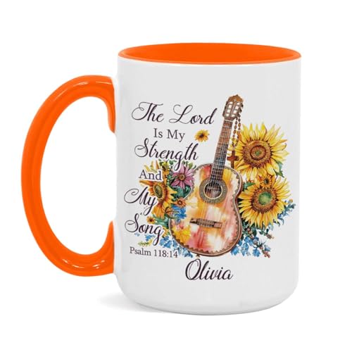 Religious Cup, Sunflowers And Guitar Design Mug, Personalized Name Christian Coffee Cup, Custom Bible Verse Mug 11oz 15oz, Customized Christian Themed Ceramic Cup, Gift For Friend Coworker - color: HOA-624-2165-MY STRENGTH AND SONG MUG