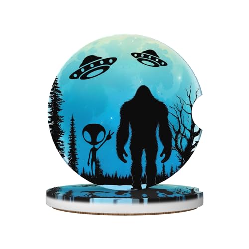 Moon Bigfoot Alien Car Cup Holder Coasters 2 Pack 2.63" for Women - color: Blue
