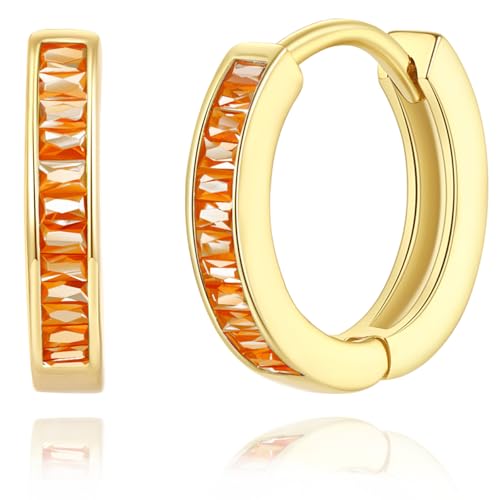 14K Gold Huggie Earrings for Women Silver Huggie Hoop Earrings Cubic Zirconia Huggie Earrings Stud Earrings Lightweight Dainty Hypoallergenic Earrings Jewelry Gifts - color: Gold Orange CZ Huggies