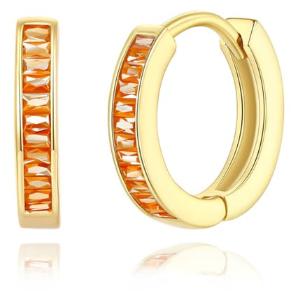 14K Gold Huggie Earrings for Women Silver Huggie Hoop Earrings Cubic Zirconia Huggie Earrings Stud Earrings Lightweight Dainty Hypoallergenic Earrings Jewelry Gifts - color: Gold Orange CZ Huggies