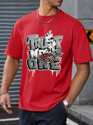 Herberton Men's Graphic T-Shirt Loose Fit Cotton Fashion Casual Streetwear Crewneck Short Sleeve Tee (S-XXL) - color: Red, size: X-Large