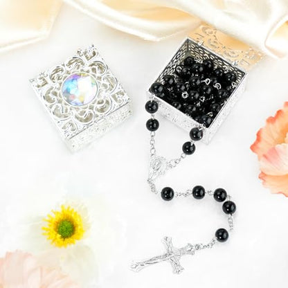 Black Pearl-Style Rosary Necklace with Metal Gift Box, 8mm, 22 Inch - color: Black