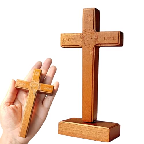 PHYUKEY Wooden Wall Cross with Jesus Christ, Small Cross Standing Crucifix with Detachable Stand for Wall Hanging or Tabletop Display, Christian Gift & Catholic Home Decor- 5.5in - color: Oak, size: 5.5"L x 2.7"W